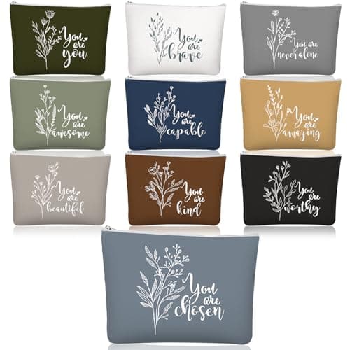 Coume 10 Pcs Boho Flower Canvas Makeup Bags Bulk Aesthetic Inspirational Quotes Cosmetic Zipper Personalized Encouragement Travel Pouch Toiletry Bag Women Teacher Friend Birthday Gifts