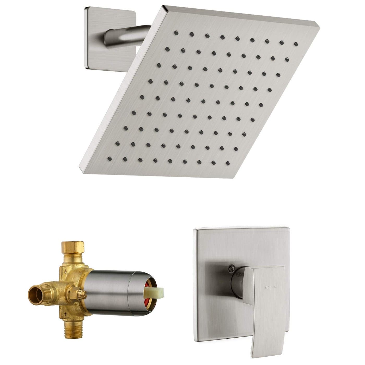 SOKA Shower Faucet Set with 8 Inch Rainfall Shower Head Bathroom Rainfall Shower System Single Function Shower Trim Kit with RoughIn Valve Pressure Balance Square Shower Head Brushed Nickel