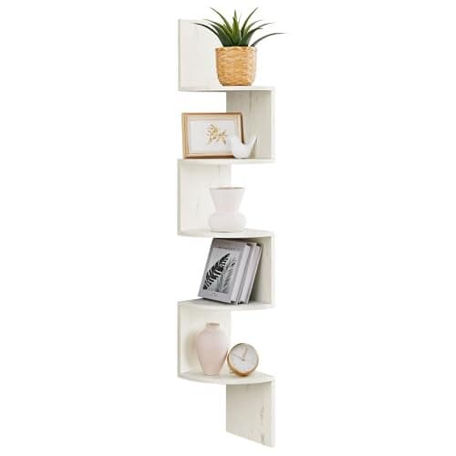 VASAGLE Corner Shelf Wall Mount, 5-Tier Floating Corner Bookshelf, Plant Shelf for Bedroom, Living Room, Bathroom, Home Office, Rustic White