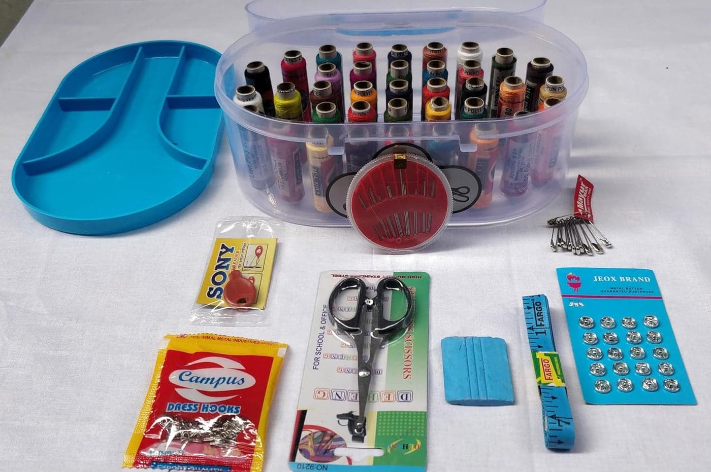 KEPY THE MALL Portable Big Size 37 Thread Box Sewing kit 37 Reels Scissor Threader 70 Dress Hook Chowk Sefty Pin Opener Seam Ripper 24 Needles Set Tape Measure for DIY Beginners Emergency Travel Home
