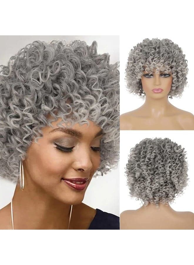 Short Curly Grey Wig for Women Fluffy Layered Gray Old Lady Synthetic Wigs with Bangs Natural Looking Daily Cosplay Halloween Hair Wigs