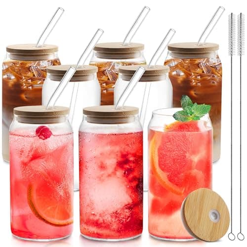 HOMBERKING Glass Cups with Bamboo Lids and Straws 8pcs Set, 20oz Cups, Beer Glasses, Iced Coffee Cups, Cute Tumbler with 2 Cleaning Brushes, Ideal for Cocktail, Whiskey, Tea, Gift