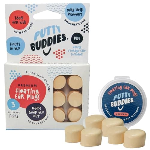 Earvolution Floating Putty Buddies Ear Plugs for Swimming - Invented by an Ear Physician - Moldable, Premium, Silicone - Floats on Water - Waterproof - Made in The USA- 3 Pack - Tan