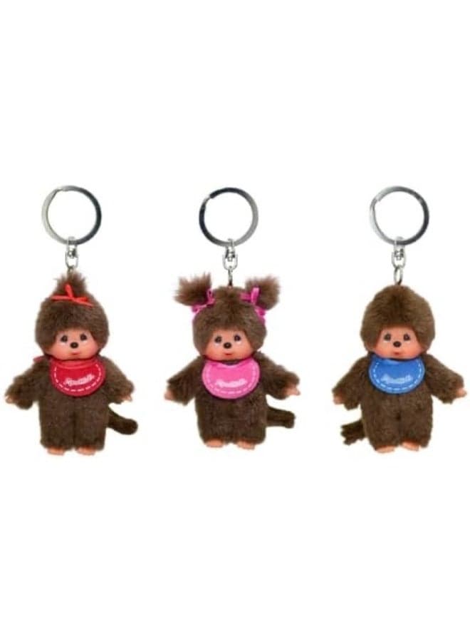 Sekiguchi 2534 Original Monchhichi Girl or Boy Keyring Plush Toy with Bib Approx. 10 cm Large Brown Plush Pendant for Backpacks, Bags and Pencil Cases