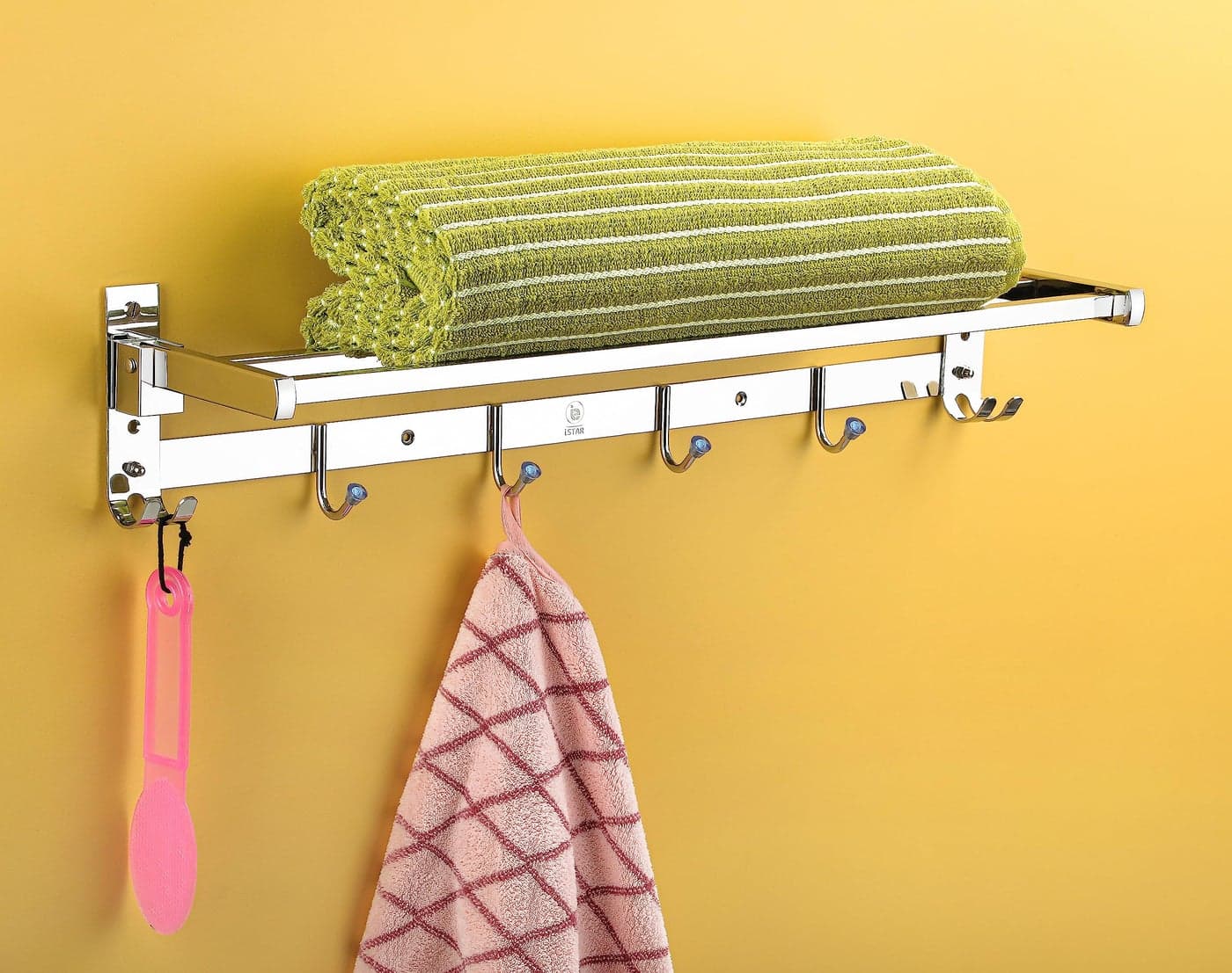 iSTAR Stainless Steel Foldable Towel Rack Hanger for Bathroom/Towel Rod/Bar/Bathroom Accessories/Cloth Hook(24inch-Chrome) - Pack of 1 (Round)