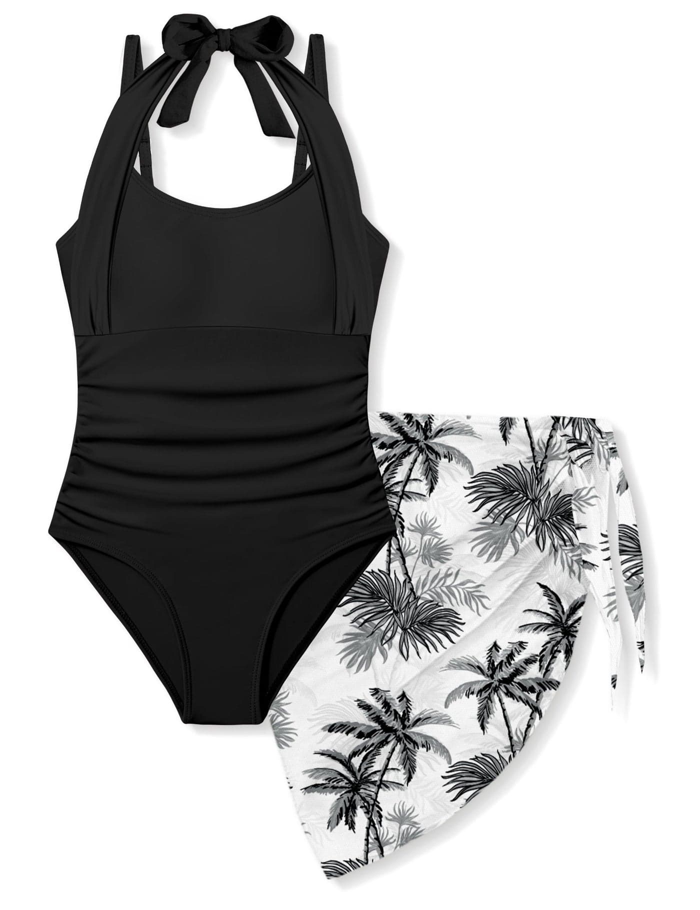 Tomolant Girls Swimsuits Size 14-16 Halter Neck One Piece Bathing Suit with Tropical Printed Cover Up Skirt Adjustable Strap Teen Girl Swimsuit Swimwear Set Black