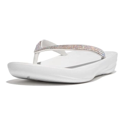FitFlop Women's iQushion Sparkle Ergonomic Flip Flops for Walking, Lightweight Waterproof Cushioned Thong Sandals for Women, Non Slip Bottom and Arch Support, Rubber Beach Sandal, Urban White, 10 US