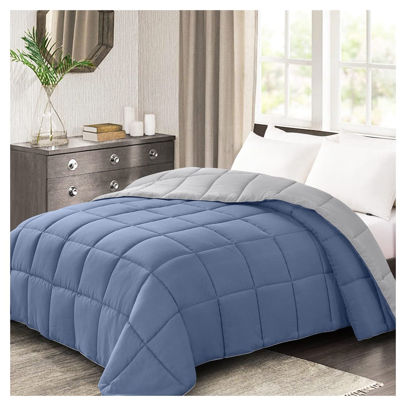 Homelike Moment Comforters Queen Size Blue Duvet Insert Down Alternative Bed Queen Comforter Lightweight Bedding Comforters Full Size Quilted Soft All Season Reversible BlueGrey