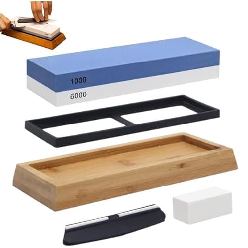 THW® Whetstone Knife Sharpening Kit 1000/6000 Grit | Dual-Sided Waterstone with Bamboo Base, Angle Guide & Flattening Stone | Ideal for Chef & Pocket Knives, Precise Sharpening