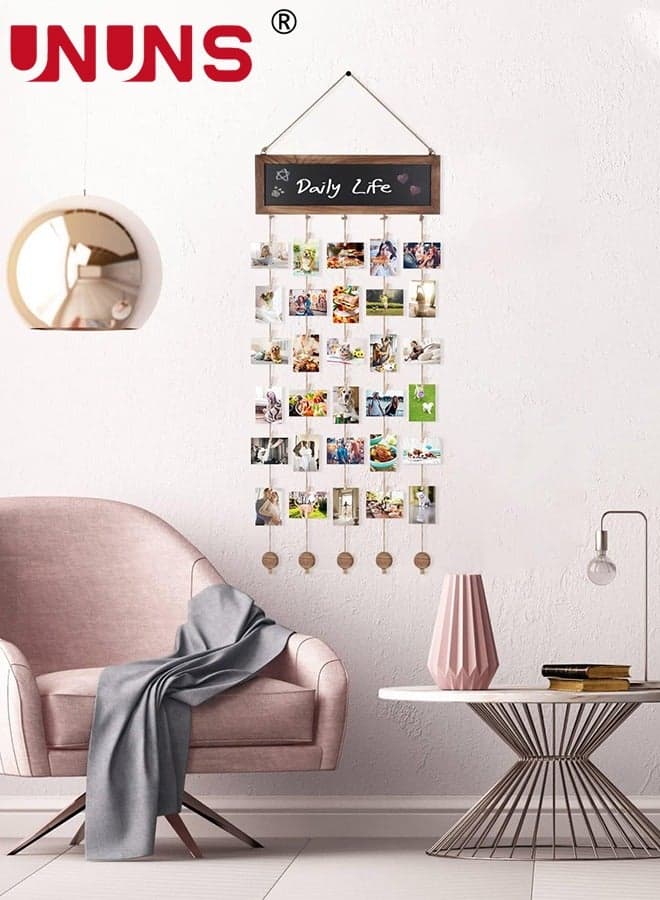 Hanging Photo Displays,Wall Hanging Picture Organizer With 30 Wood Clips For Hone Decor,Home Decor Gifts,Multi Pictures Organizer