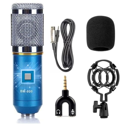 TECHBLAZE BM800 Condenser Microphone Set with Shock Mount 3.5mm XLR Cable Windproof Cotton & U Shape Audio Splitter for starmaker Smuel Singing Studio Recording YouTube (BM 800 Blue)