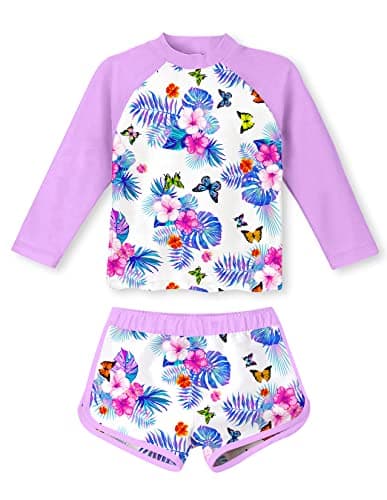 Girls Rash Guard 2-Piece Swimsuit Set Teens 5 6 Yrs Old Hawaiian Style O Neck Long Sleeve Bikini with UPF 50+ Sun Protection for Pool Party Flower