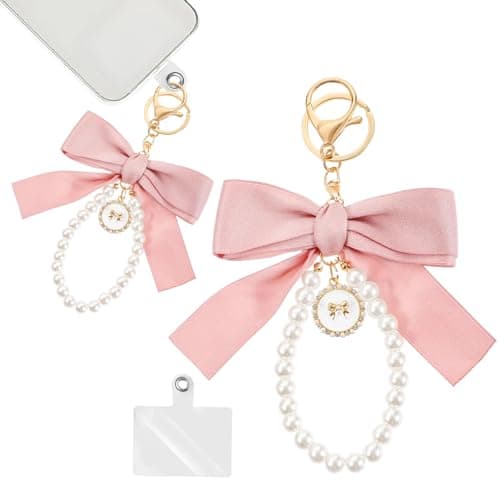 Fianoeir Aesthetic Keychains - Pink Bow Pendant | Phone Charms for Girls | Cute Keychains Aesthetic for Bags, Backpacks & Phones | Matching Keychain Set with Heart Clasp | Bag Charms for Handbags