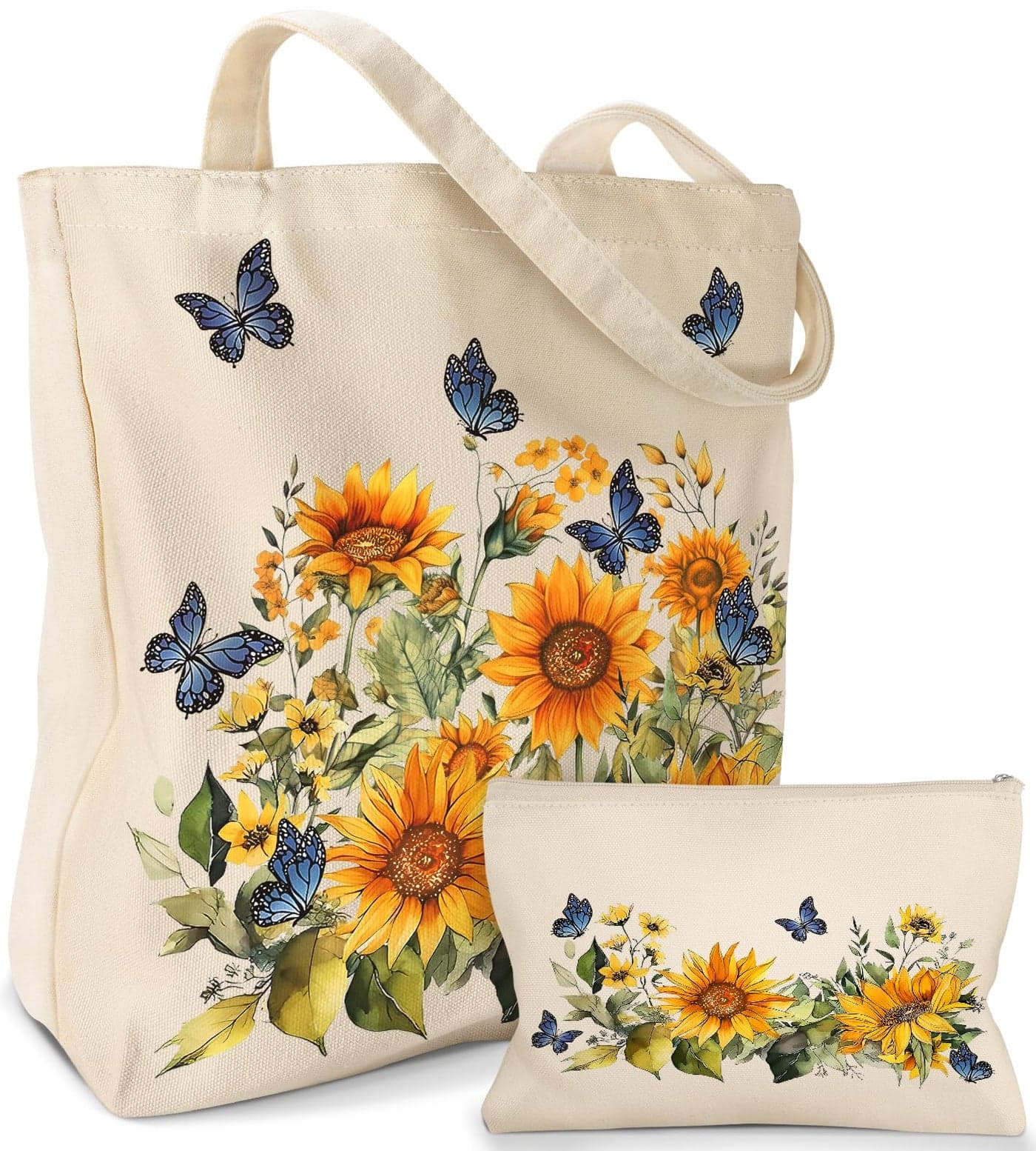 Miss Adola Aesthetic 2 Pack Canvas Tote Bag - with Makeup Pouch Zipper Bag for Women Butterfly Sunflower Reusable Grocery Cotton Cloth Shoulder Bag for Gym, Travel, Work
