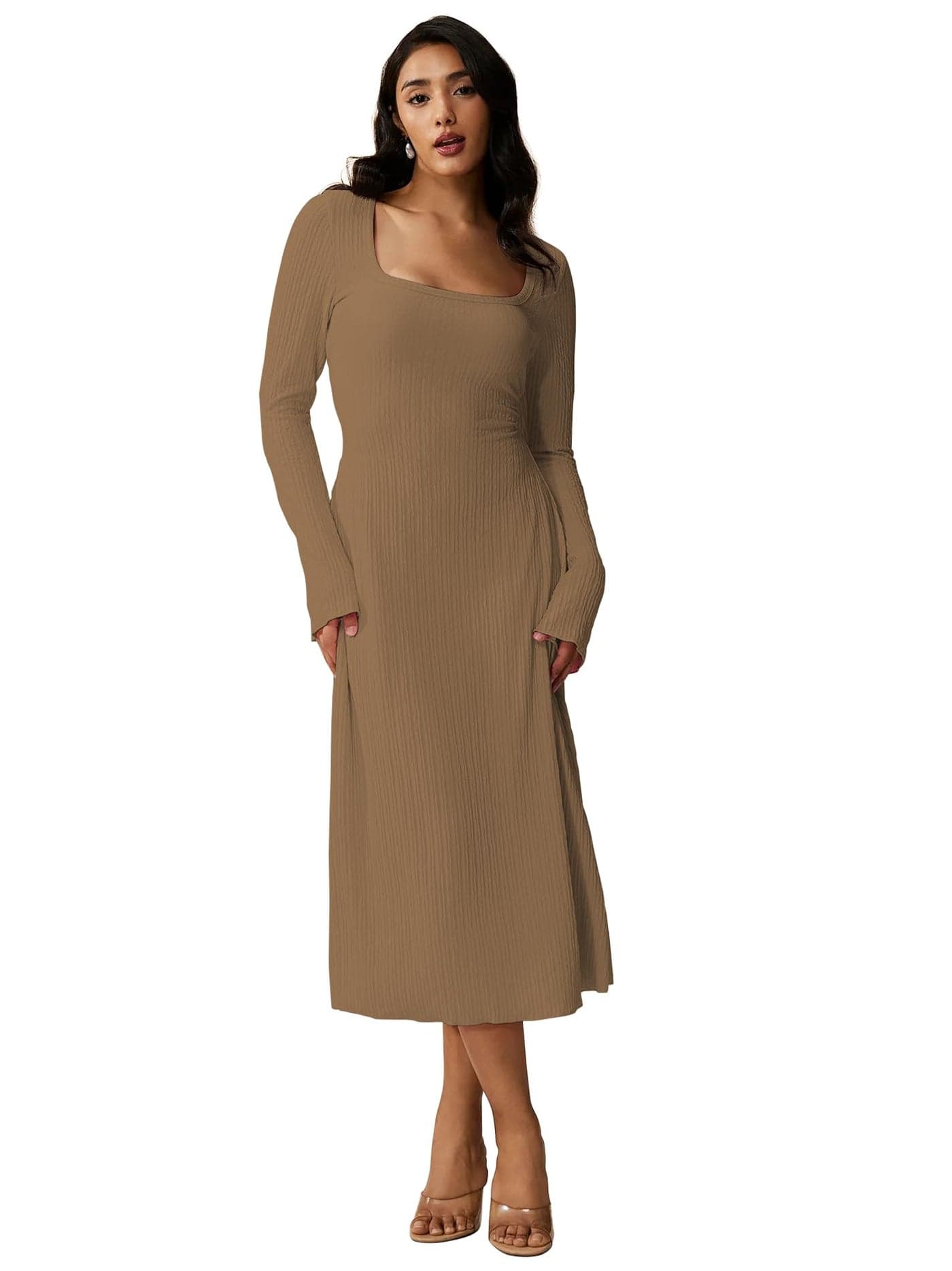 Shasmi Women’s Brown Square Neck A-Line Dress – Long Sleeve, Tie Waist, Knitted Stretchable, Casual & Office Outfit, Solid Winter Midi Dress for Women (Dress 221 Brown-S)