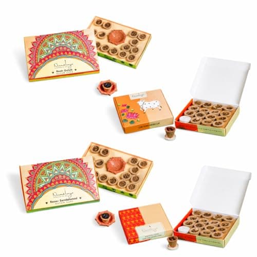 Nirmalaya Premium Organic Havan Cups Variety Pack 60 pcs | Desi Cow Dung, Rooh Gulab, Sambrani, Kesar Sandalwood Dhoop Cups for Pooja | Includes Diyas Stands | Havan Samagri Offering