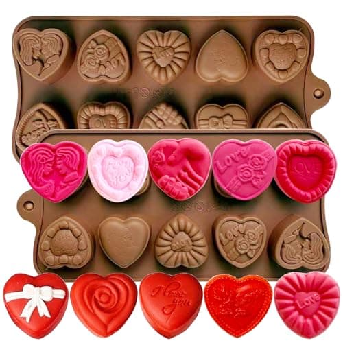 Copzievkae 2 Pack Heart Chocolate Molds Heart Molds Silicone Valentine Chocolate Molds Heart Chocolate Mold 10 Style Love Rose Bow Shaped Silicone Mold for Candy, Gummy, Ice Cube Tray