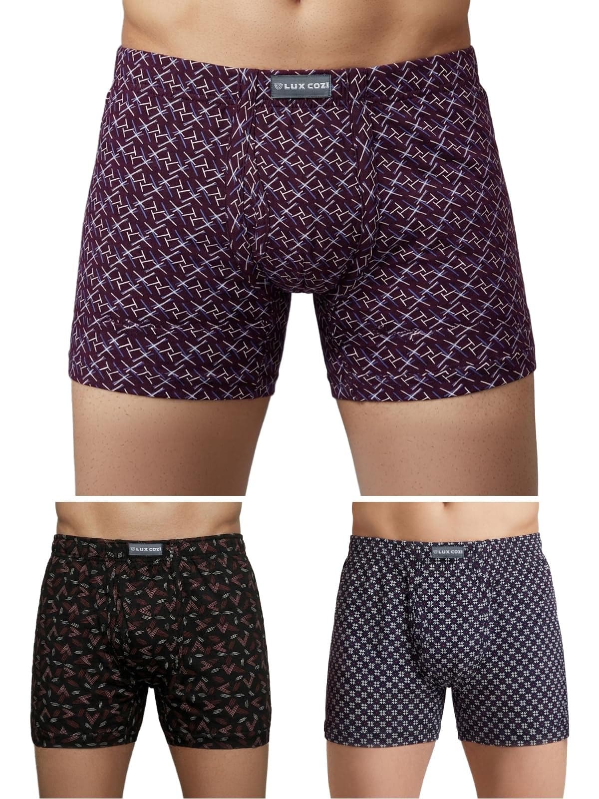 Lux Cozi Men's Pack of 3 Assorted Inner Elestic Long Printed Trunk (Size : 90cm)