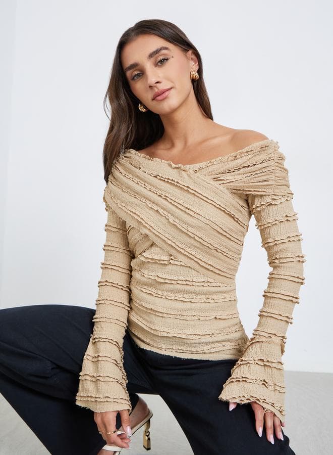 Ruffled Long Sleeve Crisscross Blouse — XL