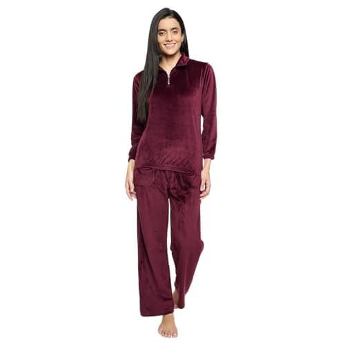 CAMEY Velvet Loungewear Set, Quarter Zip Pullover with Elastic Pants, Soft Cosy Sleepwear (Maroon, L)