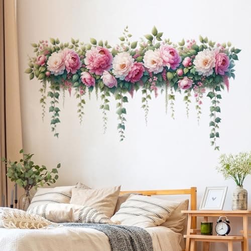 DRWSSR Removable DIY 3D Pink Peony Flower Wall Decals, Hanging Vine Vinyl Fresh Plant Green Leaves Art Decor for Girls Nursery Bedroom Living Room TV Background