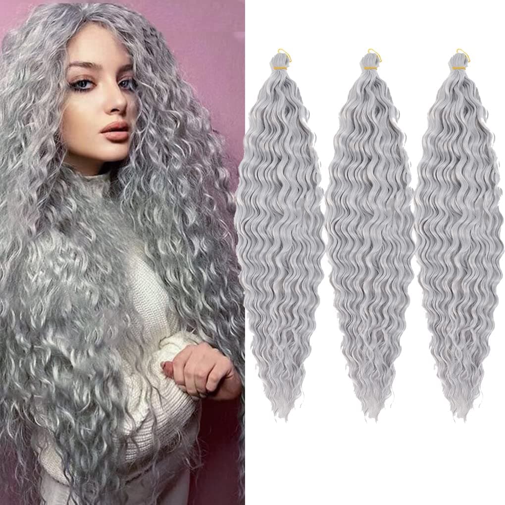 30inch Ocean Wave Braiding Hair Extensions 3packs Long Deep Curly Wave Braid Hair Synthetic Twist Ripple Crochet Deep Wave Braids Hair for Women 100gpack30Silver Gray