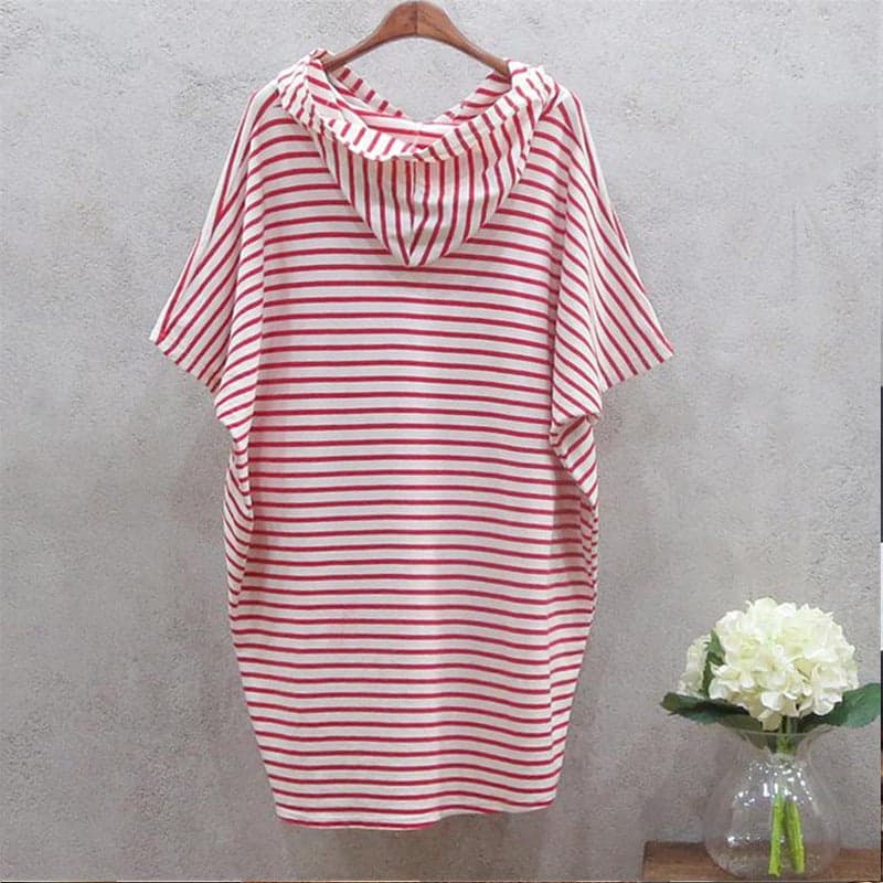 Summer new Korean women's hooded bat sleeve short sleeve T-shirt skirt loose stripe long T-shirt women's fashion wholesale
