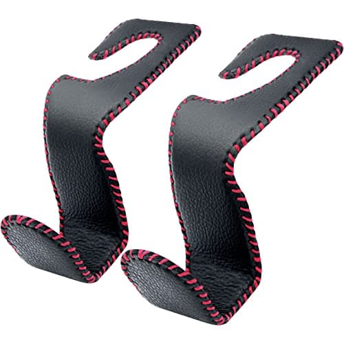 Car Seat Hooks for Purses and Bags 2 Pack Car Purse Holder for Grocery Bag Handbag Clothes Metal Headrest Hooks Covered by Leather Black Red
