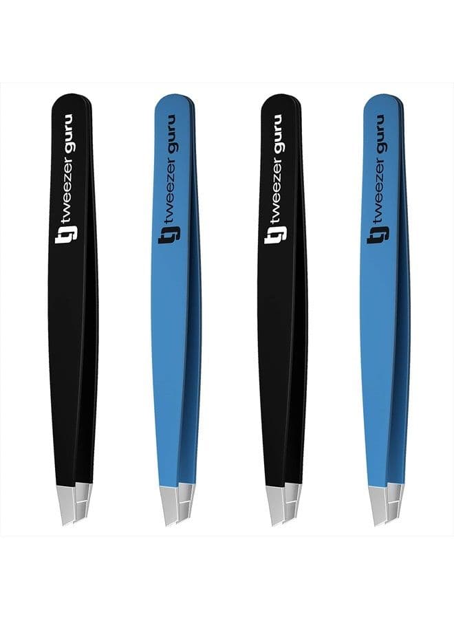 Tweezers Set - Tweezer Guru Stainless Steel Slant Tip Eyebrow Tweezers Set - Great Precision for Facial Hair, Ingrown Hair, Blackhead and Splinter Remover (4-Pack)