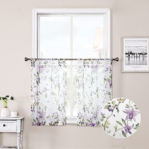 Tollpiz Floral Short Sheer Tier Curtains Purple Cherry Flower Butterfly Print Half Curtain Kitchen Rod Pocket Voile Linen Look White Sheer Curtains for Bathroom, 30 x 24 inches Long, Set of 2 Panels