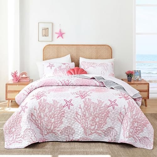 weigelia Coastal Quilts Bedding Set Twin Size Pink Summer Nautical Bedding Quilt with Pillow Cases Beach Reversible Quilt Set Bedspreads Coverlet Soft Lightweight Comforter