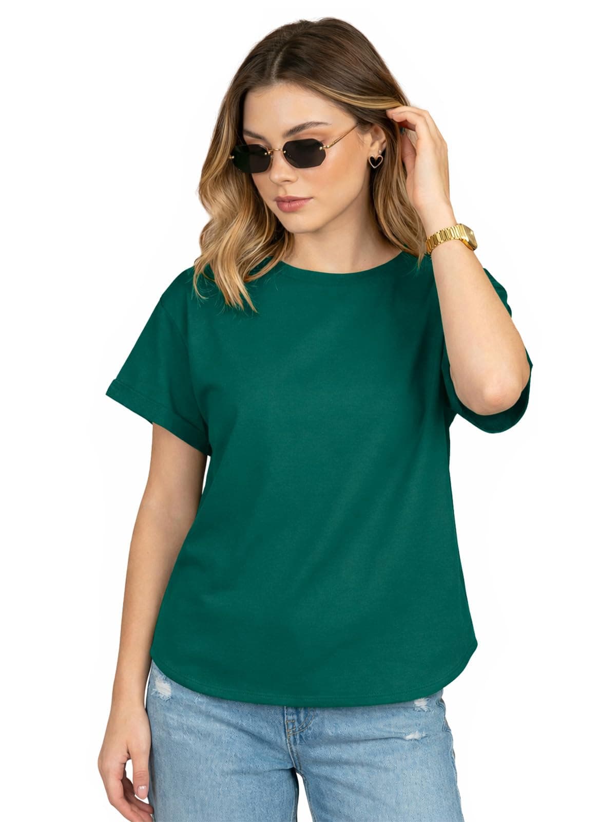 JUNEBERRY® Pure 100% Cotton Oversized Fit Round Neck Half Sleeves Boyfriend T-Shirt for Women & Girls (JB_BF_T_GRN117_S)
