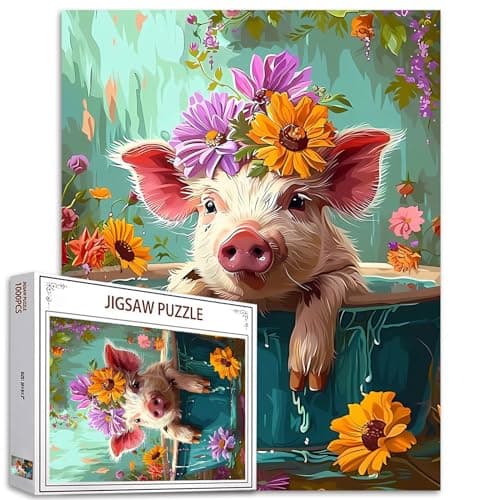 Adorable Pig in Bathtub Jigsaw Puzzle 1000 Pieces Puzzles for Adults Farmhouse Animal Flowers Jigsaw Puzzles for Challenging Family Activity Games DIY Puzzle for Home Wall Decor Gifts20 x 27 Inches