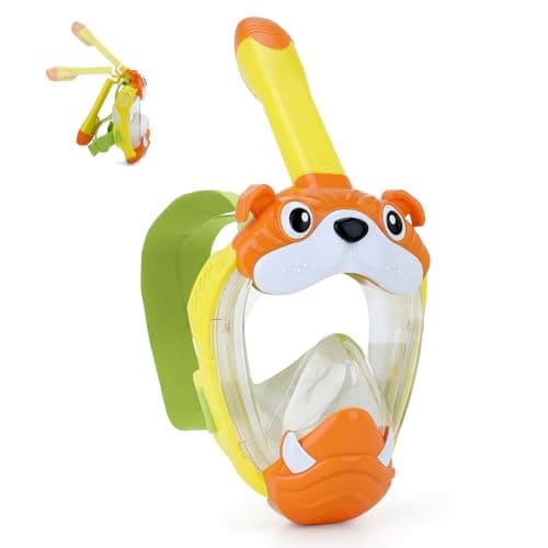 Kids Full Face Snorkel Mask, Snorkeling Gear for Kid, 180° Panoramic View Snorkeling Mask with Adjustable Elastic Fabric Straps - Anti-Fog & Anti-Leak - Portable Mesh Bag