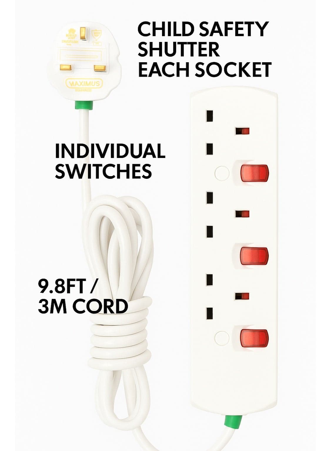 3-Meter Extension Power Strip with Individual Switches & Child Safety Shutter