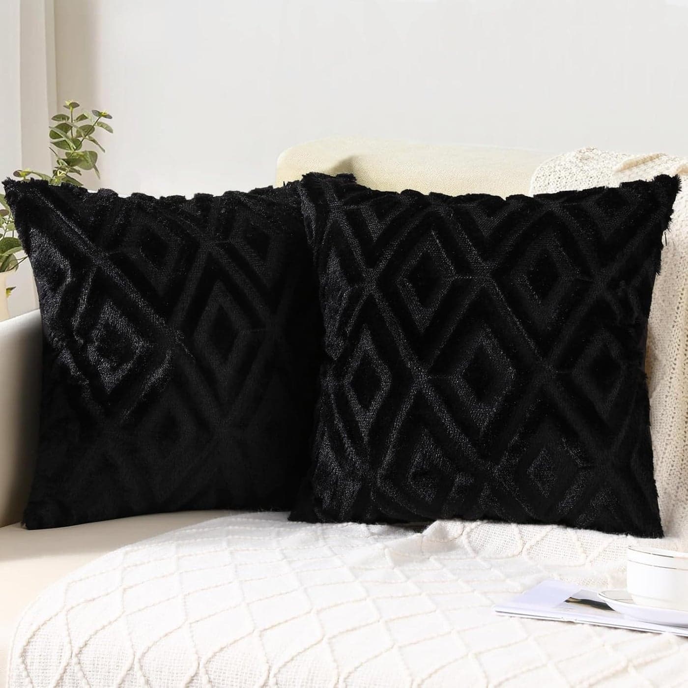 Pallene Soft Faux Fur Throw Pillow Covers 22x22 Set of 2 Plush Wool Decorative Couch Pillow Covers for Sofa Bed Living Room with 3D Diamond Pattern Black