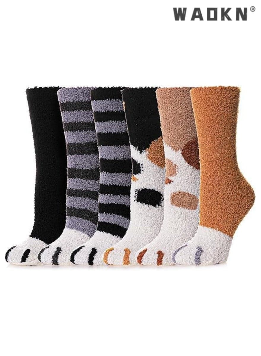 6-Pack Women's Warm Fuzzy Socks with Animal Patterns, Microfiber Slipper Socks for Home Sleeping, Super Soft and Fluffy with Cute Cat Claw Design, Perfect for Indoor Comfort