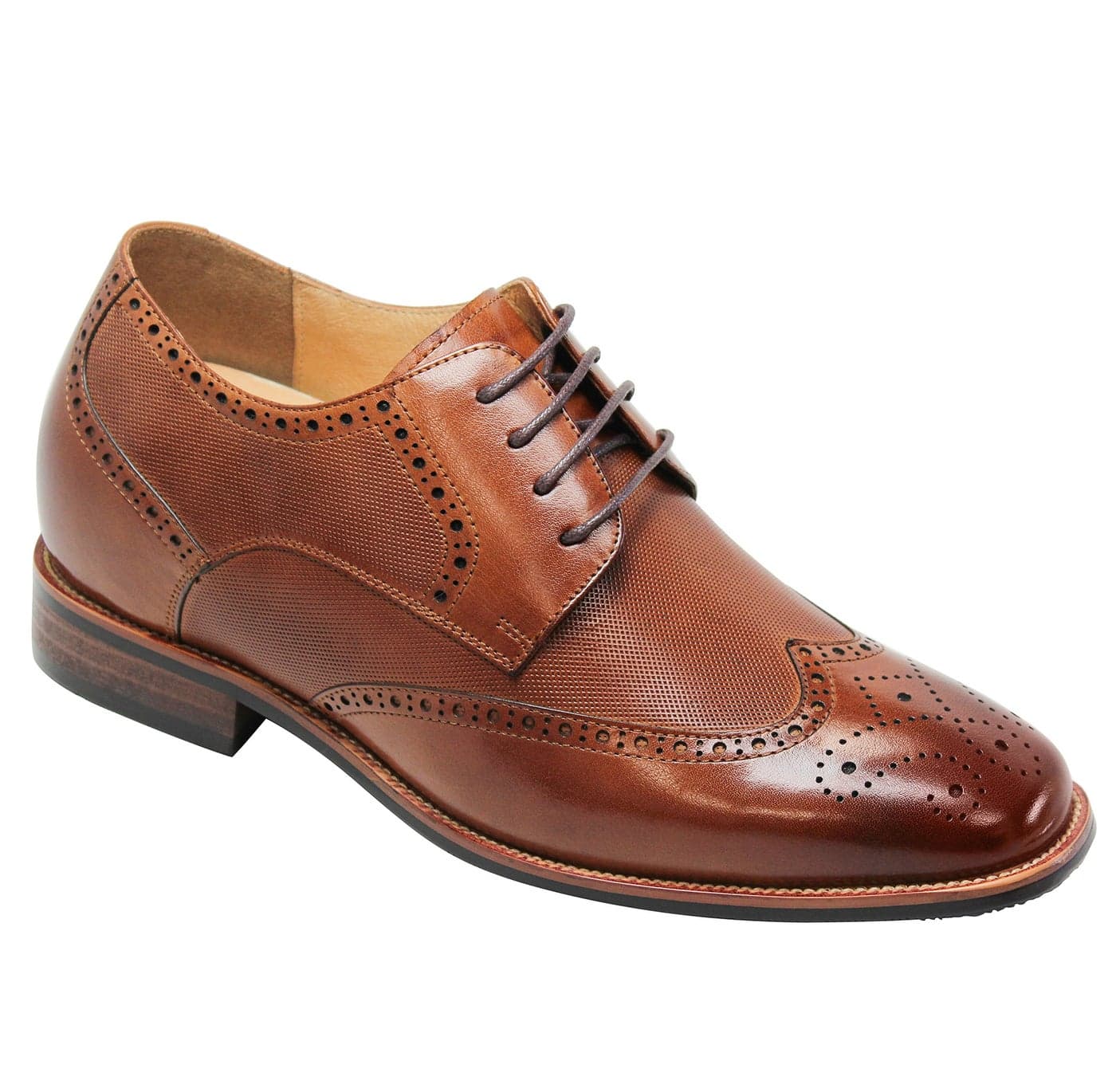 CALTO Men's Invisible Height Increasing Elevator Shoes - Brown Premium Leather Wing-tip Lace-up Formal Oxfords - 3 Inches Taller - Y10652 - Size 9 D(M) US