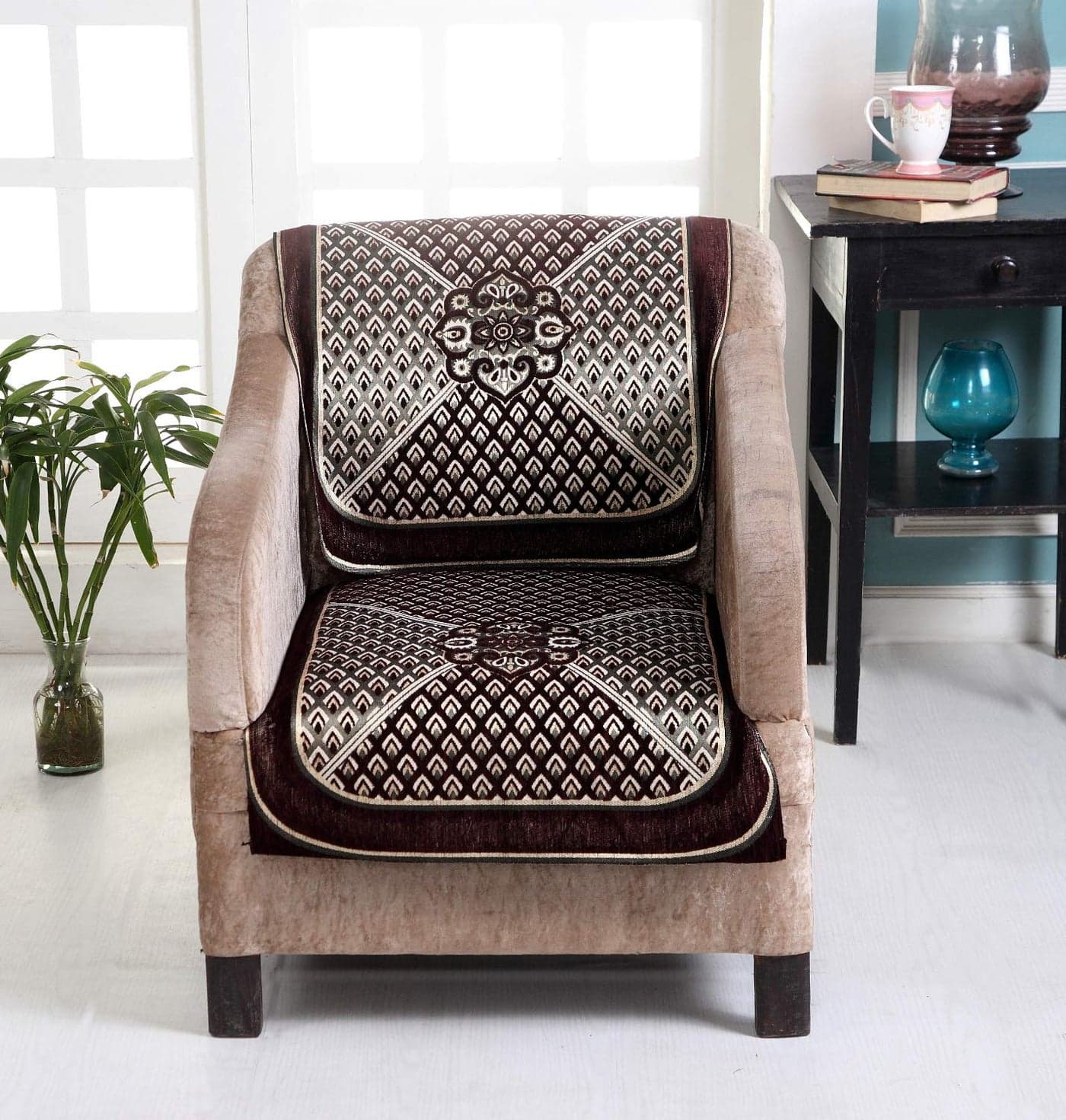 Nendle Velvet Chenille Fabric Sofa Cover Set of 5 Seater (Brown, 6 Pieces)