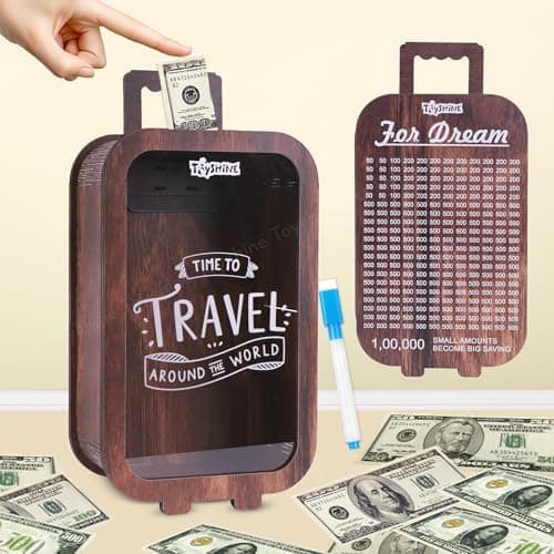 Toyshine Wooden Suitcase Piggy Bank Saving Box with 100000 Saving Target Savings Challenge Cash Vault & Money Saver for Adults & Kids