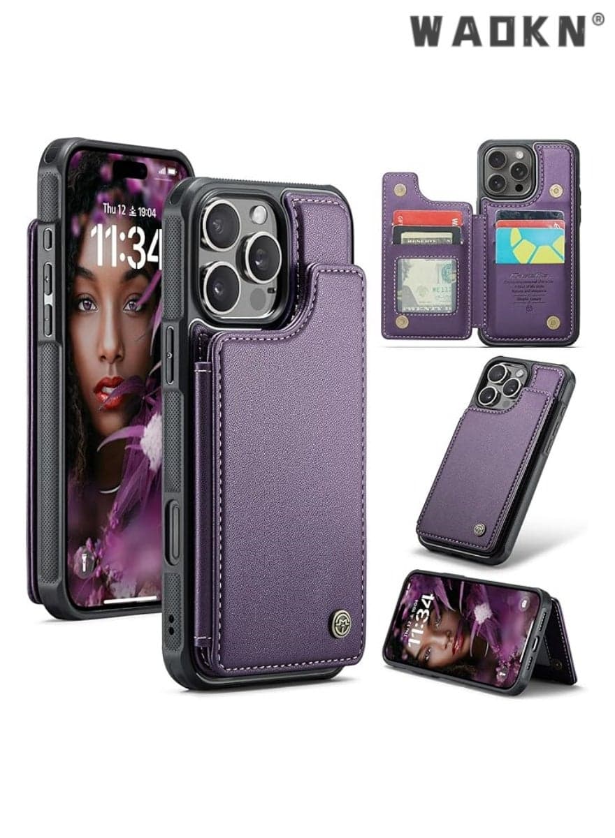iPhone 16 Pro Max Case with Card Holder, Kickstand ,5 Card/Cash Holder,for Women & Men,Durable PU Leather,Magnetic Wallet Phone Cover for iPhone 16 Pro Max, Ultra - Fashion Purple