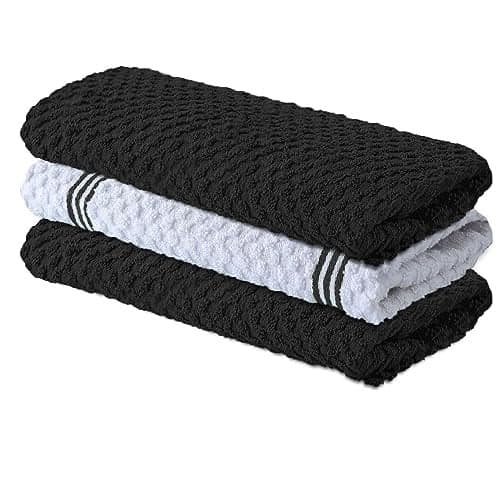 Infinitee Xclusives Premium Kitchen Towels Pack of 3 100 Cotton 15 x 25 Inches Absorbent Dish Towels Terry Kitchen Dishcloth Towels Black Dish Cloth for Household Cleaning