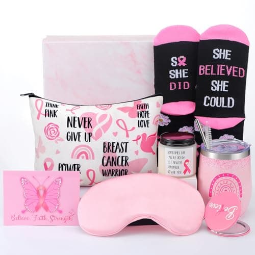 Patelai 8 Pcs Breast Cancer Survivor Gifts Set for Women, 12 oz Stainless Steel Insulated Tumblers Scented Candle Novelty Socks Eye Mask Makeup Bag Mirror Get Well Soon Basket for Survivor Patients
