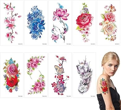 Temporary Flower Tattoos Stickers Lotus Cherry Blossoms Flash Tattoo Pack of 9 Sheets