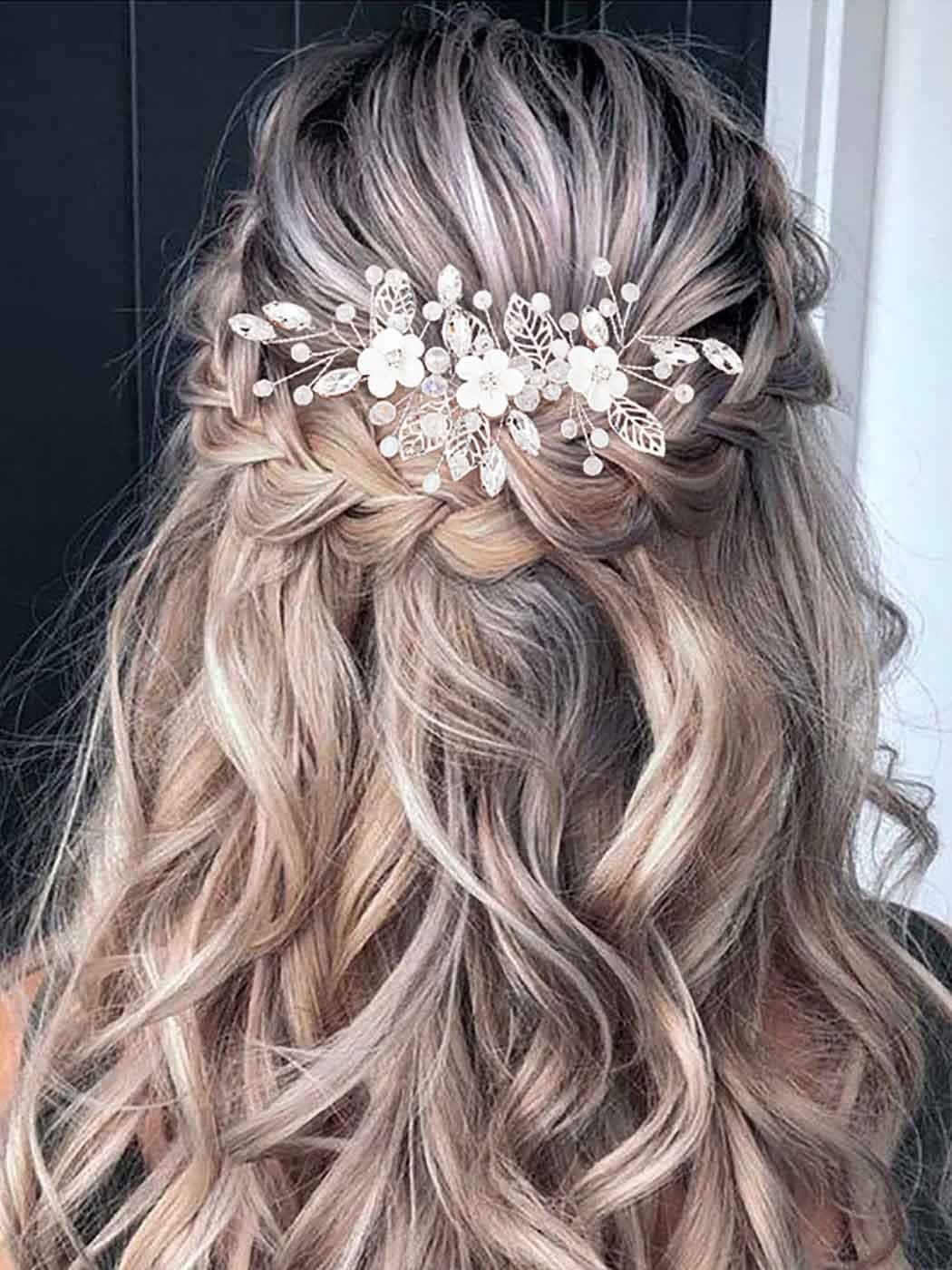 Unicra Silver Flower Bride Wedding Hair Vine Leaf Bridal Hair Piece Rhinestone Hair Accessories Beaded Headpieces Jewelry for Women and Girls Silver