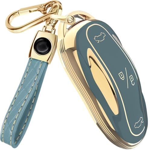Lucrum Compatible with Tesla Model 3 S Y Key Fob Cover Leather Keychain TPU Keyfob Case for Model 3SY Blue and Gold