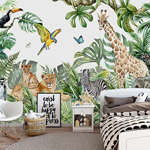 MFWFM Safari Wallpaper for Children with Animals Jungle Wall Mural Watercolor Animals Nursery Wallpaper Kids Room Decor(Not Peel n' Stick)