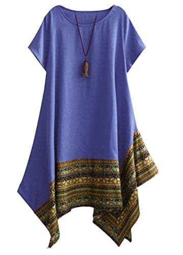 Minibee Women's Ethnic Cotton Linen Short Sleeves Irregular Tunic Dress (L, Blue)
