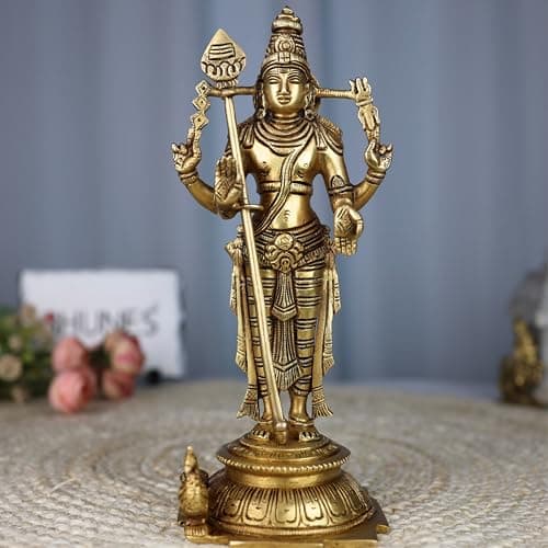 Bhunes Brass Murugan Brass Idol Sculpture – Kartikeya Subramanya Skanda Velan Shanmukha Arumugan Saravana Senthil Moorthi Statue for Puja Home Decor Gifts, Gold, 11 Inch, 1 Piece