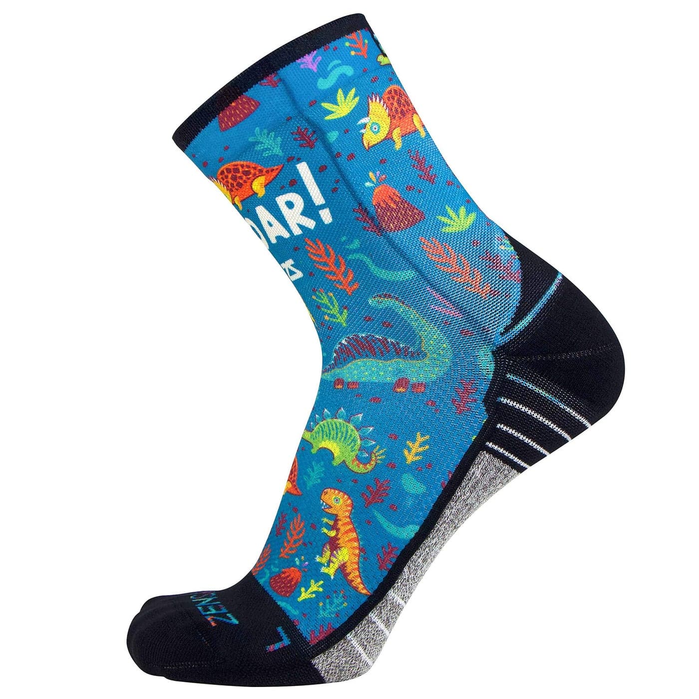 Zensah Limited Edition Running Socks - Fun and Crazy Mini Crew Compression Socks, Moisture Wicking and Anti Blister (Medium, Dinosaurs-Teal)